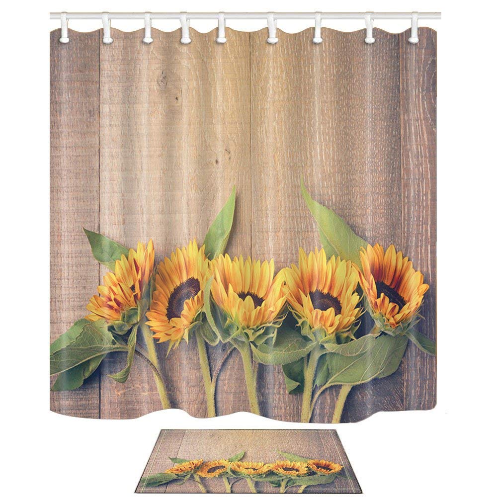 꽃 장식 69X70in 곰팡이 방지 샤워 커튼 양복 플란넬 바닥 매트 목욕 깔개 (Muliti29)에 꽃 장식 해바라기/Flower Decor Sunflower on the Wood 69X70in Mildew Resistant  Shower Curtain Sui